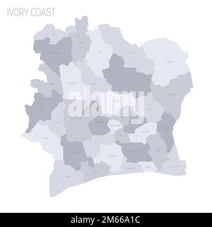 Elfenbeinküste politische Karte der Verwaltungseinheiten - Regionen und autonome Bezirke. Graue Vektorkarte mit Beschriftungen. Stock Vektor