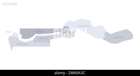 Die politische Karte Gambias der Verwaltungseinheiten - Regionen und Stadt Banjul. Graue Vektorkarte mit Beschriftungen. Stock Vektor