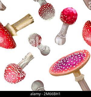 Nahtloses Muster. Aquarell Red Fly Agaric. Realistische Fliegenpilze. Giftige Pilze Stockfoto