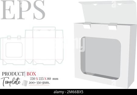 Box mit Fenster, Matrizenvorlage, Vektor. Verpackungsdesign, Präsentation. Weißes, klares, leeres, isoliertes, offenes Kosmetikmodell auf weißem Hintergrund Stock Vektor