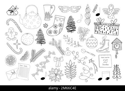 Weihnachtsartikel Set Teekanne, Schlittschuhe, Strumpf, Geschenk, Brief an den weihnachtsmann, Lebkuchen, Tannenbaum, Girlande, Dekoration handgezeichnete Grußkarte für die Winterferien, Einladung, Banner, Dekor Stock Vektor