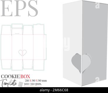 Box mit Herzfenster, Schablone. Vektor mit gestanzten, lasergeschnittenen Schichten. Weißes, klares, leeres Geschenkkarton-Modell isoliert auf weißem Hintergrund. Perspektive Stock Vektor