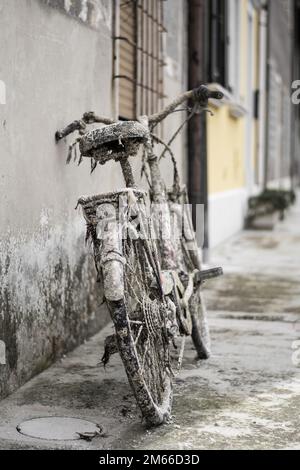 Unter dem Meer. Altes Fahrrad wird nach vielen Jahren vom Grund eines Hafens angefischt. Man kann die Spuren sehen, die der Meeresboden hinterlassen hat. Algen und Rost. Stockfoto