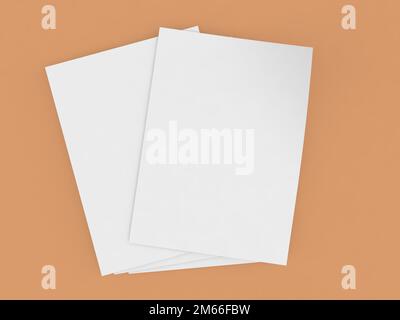 Büropapierbögen im A4-Format auf braunem Hintergrund. Stockfoto