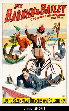 Vintage-Zirkusposter - die Barnum & Bailey Groesste Schaustellung der Welt - Lustige Szenen auf Bicycles und Rollschuhen. Stockfoto