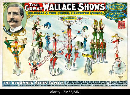 Vintage Circus Poster - The Great Wallace Shows - kolossaler Zirkus aus dem Jahr 3, 2 erhöhte Bühnen in der Stirk Family Bicycle Show. Stockfoto