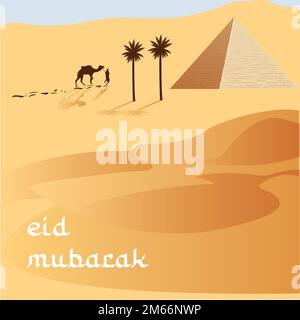 Kamele, die während des Sonnenuntergangs in der Wüste spazieren Stock Vektor