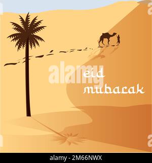 Kamele, die während des Sonnenuntergangs in der Wüste spazieren Stock Vektor