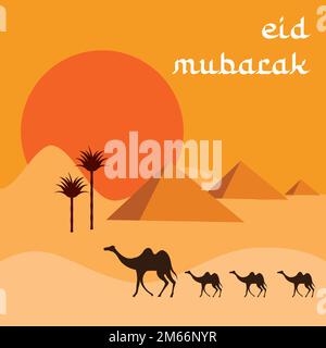 Kamele, die während des Sonnenuntergangs in der Wüste spazieren Stock Vektor