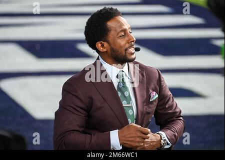 ESPN-Reporter Desmond Howard vor dem Rose Bowl-Spiel am Montag, den 2. Januar 2023 in Pasadena, Kalifornien (Dylan Stewart/Bild von Sport) Stockfoto