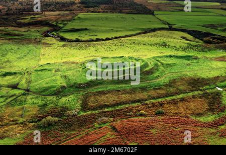 Dun nosebridge multivalates prähistorisches Fort aus der Eisenzeit, Hügel über dem Fluss Laggan, Islay, Innere Hebriden, Schottland. Antenne. Sieht so aus Stockfoto