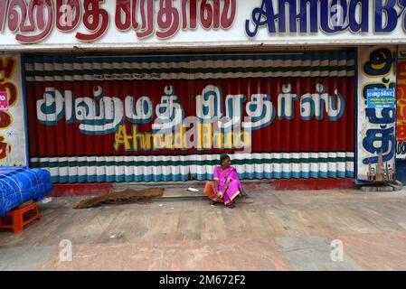 Eine Tamilin in einem rosa Sari in Madurai, Tamil Nadu, Indien. Stockfoto