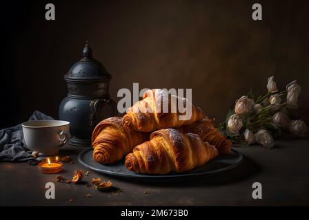 Fleckige, butterige Schichten eines frisch gebackenen Croissants. Die warme, goldbraune Farbe und der Dampf, der von der Oberfläche des Gebäckstücks aufsteigt. französisches Essen Stockfoto