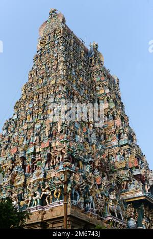 Die farbenfrohen Gopuramen des Meenakshi Amman Tempels in Madurai, Tamil Nadu, Indien. Stockfoto