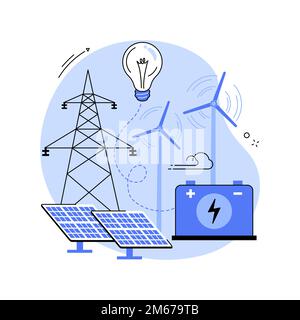 Abstraktes Konzept der Energiespeicherung Vektordarstellung. Methoden zur Energiegewinnung, elektrisches Stromnetz, Akkumulatorbatterie, Solarpanel, Windkraftanlage, Stock Vektor