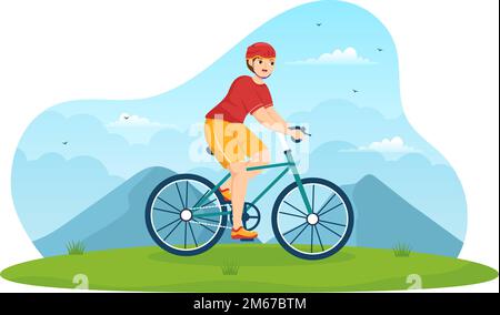 Mountain Biking Illustration mit Radfahren in den Bergen für Sport, Freizeit und gesunden Lebensstil in flachen, handgezeichneten Cartoon-Vorlagen Stock Vektor