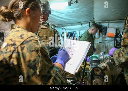 USA Navy Hospital Corpsman 2. Klasse Rochelle Angeles mit 1. medizinischem Bataillon, 1. Marine Logistics Group, I Marine Expeditionary Force, bewertet ein simuliertes Opfer während einer Marine Corps Kampfbereitschaft Bewertung in Camp Pendleton, Kalifornien, 11. April 2022. 1. Medizinisches Bataillon führte ein MCCRE durch, um die Effektivität und Bereitschaft der Einheit zu bewerten. Stockfoto