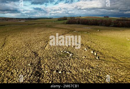 Oddendale konzentrischer Steinkreis bei Shap, Cumbria. Die jetzt sichtbaren rosafarbenen Granitsteine ersetzten die ursprünglichen Eichenholzkreise in der Jungsteinzeit Stockfoto