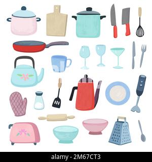 Küchenutensilien. Geschirr, Kochgeschirr und Gläser. Von Hand gezeichnete Vektorelemente, isoliert auf weißem Hintergrund Stock Vektor