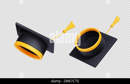 Die Graduierungskappen in die Luft werfen. Fliegende schwarze Akademiehüte mit gelber Seilquaste isoliert auf transparentem Hintergrund, 3D-Vektordarstellung, Winkelansicht Stock Vektor