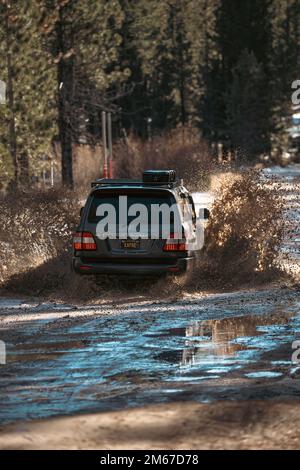 Rückansicht des Off Road Overland Land Cruiser SUV, der das Wasser auf einem schneebedeckten Pfad im Wald durchquert Stockfoto