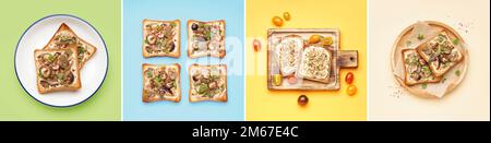 Collage aus leckeren Toasts mit Frischkäse und Pilzen auf farbigem Hintergrund, Draufsicht Stockfoto