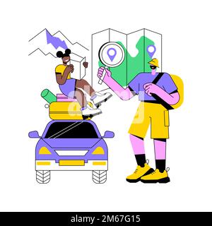 Roadtrip abstrakte Konzept Vektor-Illustration. Reisen mit dem Auto, Roadtrip-Planungsplattform, Verleih, gps-Navigation, Sehenswürdigkeiten unterwegs, d Stock Vektor