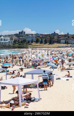 Sydney, Australien. 03. Januar 2023. Dienstag, 3. Januar 2023, wenn die Sommertemperaturen in Sydney auf 28 Grad steigen, strömen Urlauber und Einheimische zum beliebten Bondi Beach in Sydneys östlichen Vororten, um die Sonne in Sydney, Australien, zu genießen. Credit martin Berry @ alamy Live News. Kredit: martin Berry/Alamy Live News Stockfoto