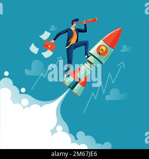 Geschäftsmann fliegt auf Raketenbasis am Himmel, Wolken und Wachstumspfeilen, Business-Concept-Cartoon-Vektor. Erfolgreicher Anführer mit Spyglass und Aktentasche in den Händen fliegt auf Speed-Raumschiff, Startup Stock Vektor