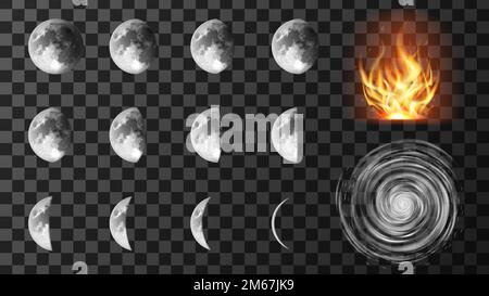 Wettersymbole isolierte realistische Vektordarstellung. Elemente für Wettervorhersage, Zyklon mit spiralförmigen Wolken, verschiedene Phasen oder Stadien von Mondfinsternis, Dürre oder Brandgefahr Stock Vektor