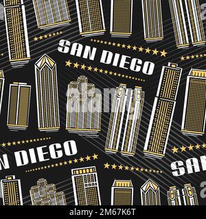 Vector San Diego Seamless Pattern, wiederkehrender Hintergrund mit Illustration der berühmten amerikanischen Stadtlandschaft auf dunklem Hintergrund für Geschenkpapier, dekorativ Stock Vektor