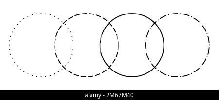 Das leere Venn-Diagramm führt vier gestrichelte Linien und gepunktete Kreise auf dem Infozeichen zusammen. Stock Vektor