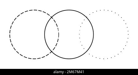 Venn-Diagramm verschmelzen drei Linien und gestrichelte Linie Kreise Diagramm Infografik Zeichen. Stock Vektor