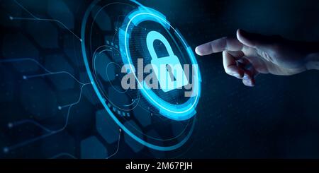 Cybersicherheit und Datenschutz im Internet. HUD holographische Schnittstelle für sicheres Zugangssystem mit Fingerberührung und Schlosssymbol. Cybersicherheit, S. Stockfoto