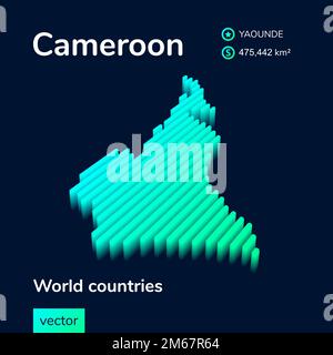 Isometrische 3D-Karte Kameruns mit stilisierten, gestreiften Vektoren. Die Karte von Kamerun ist in Neongrün und Mintgrün auf dunkelblauem Hintergrund Stock Vektor