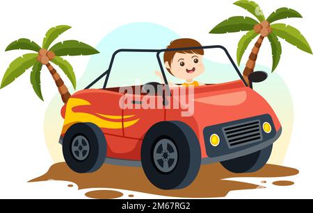 Off-Road-Illustration mit kleinen Kindern, die einen Jeep fahren, um in flachem, von Hand gezogenem Cartoon durch Sandgelände zu fahren Stock Vektor