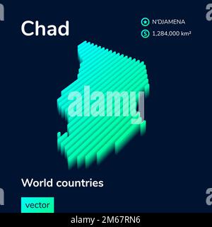Die isometrische 3D-Karte des Tschad mit gestreiften Vektoren ist in Neongrün und Mintgrün auf dunkelblauem Hintergrund dargestellt. Stock Vektor