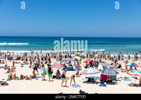 Bondi Beach in Sydney, Sommertag 2023, überfüllter Strand und Menschen im Meer, blauer Himmel, Sydney östliche Vororte, NSW, Australien Stockfoto