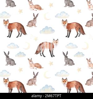 Wasserfarbenes, nahtloses Muster mit Cartoonfuchs, Hasen und Mond, Wolken, Sternen auf weißem Hintergrund Stockfoto