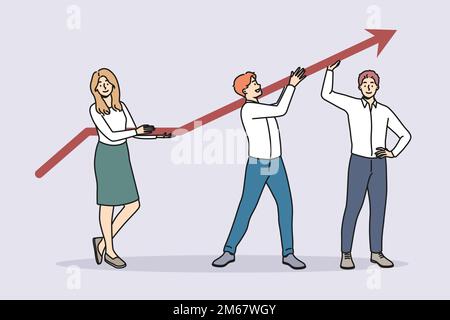 Lächelnde Geschäftsleute, die mit dem Pfeil nach oben zeigen, arbeiten zusammen, um gemeinsam erfolgreich zu sein. Zufriedene Mitarbeiter zeigen finanziellen Erfolg oder steigen auf. Vektordarstellung. Stock Vektor