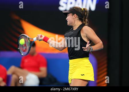 Sydney, Australien. 03. Januar 2023. Jessica Bouzas Maneiro aus Spanien spielt am 3. Januar 2023 während des United Cup in der Ken Rosewall Arena, Sydney Olympic Park Tennis Centre, Sydney, Australien, ein Spiel der Gruppe D. Foto von Peter Dovgan. Nur redaktionelle Verwendung, Lizenz für kommerzielle Verwendung erforderlich. Keine Verwendung bei Wetten, Spielen oder Veröffentlichungen von Clubs/Ligen/Spielern. Kredit: UK Sports Pics Ltd/Alamy Live News Stockfoto