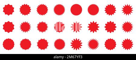 Ein Satz Vektorsiegel mit roten Sternschnuppen, Sonnenschein-Abzeichen. Einfache, flache Vintage-Etiketten, Aufkleber. Stock Vektor