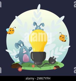Eine Illustration zur Energieeinsparung. Erhaltung der Natur und der Tierwelt. Pflanzen und Felsen, Hasen und Bienen. Eine Glühlampe ist ausgeschaltet. Illustratio Stock Vektor