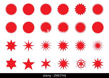 Set mit roten Stern- oder sonnenförmigen Verkaufsaufklebern. Haftnotizen und Etiketten für Werbeaktionen. Stock Vektor