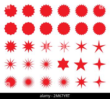 Set mit roten Stern- oder sonnenförmigen Verkaufsaufklebern. Haftnotizen und Etiketten für Werbeaktionen. Stock Vektor