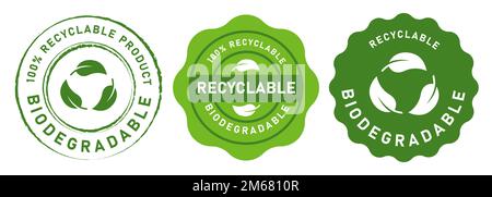 Biologisch abbaubarer recycelbarer Etikettenaufkleber Grün flacher Stempel Symbol Siegel Logo Stock Vektor