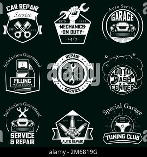 Logo-Set für Fahrzeugwartungsausweis. Einfarbige Vektordarstellung im Retro-Stil. Autoservice und -Reparatur, Autowaschanlage, Tankstelle, Spezialgase Stock Vektor
