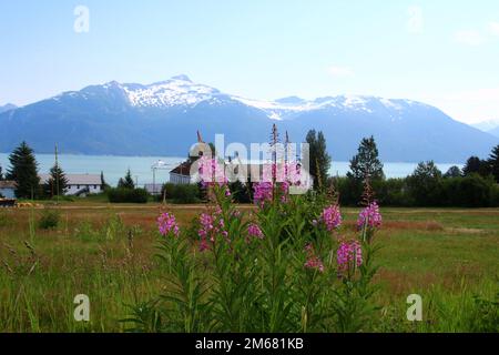 Blick auf Port Chilkoot, Fort Seward in der Kleinstadt Haines, Alaska, USA Stockfoto