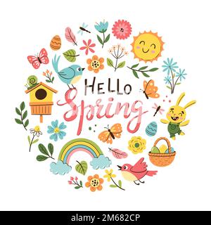 Handgezeichneter Frühlingshintergrund mit Blumen, Schmetterlingen und saisonalen Objekten. Farbenfrohe Vektordarstellung mit isolierten Elementen. Stock Vektor