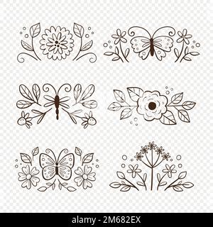 Frühlingsdekorative Doodle Arrangements. Sammlung süßer Trennblätter auf weißem Hintergrund. Saisonale Blumendekoration. Vektordarstellung. Stock Vektor